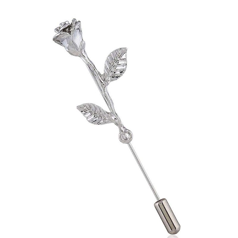 MINGHUA Fashion Men Rose Floral Lapel Stick Brooch Pin Suit Tuxedo Corsage Accessory (Silver) - Image 1